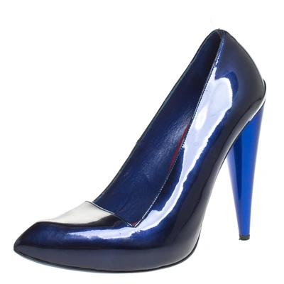 Pre-owned Alexander Mcqueen Dark Blue Patent Leather Platform Pointed Toe Pumps Size 39