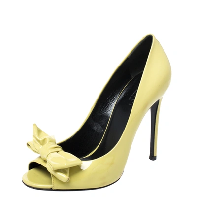 Pre-owned Gucci Electric Lime Green Patent Leather Bow Peep Toe Pumps Size 37.5