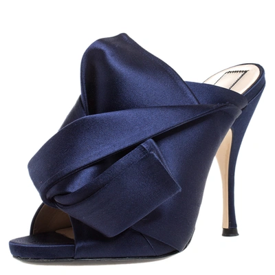 Pre-owned N°21 Navy Blue Satin Raso Knot Peep Toe Mules Size 37.5