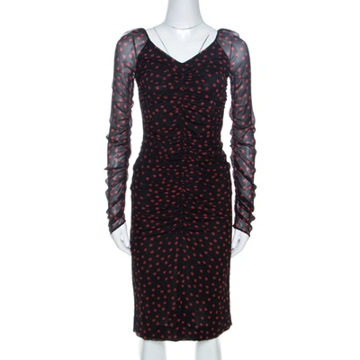 Pre-owned Dolce & Gabbana Black Polka Dot Print Stretch Silk Ruched Dress S