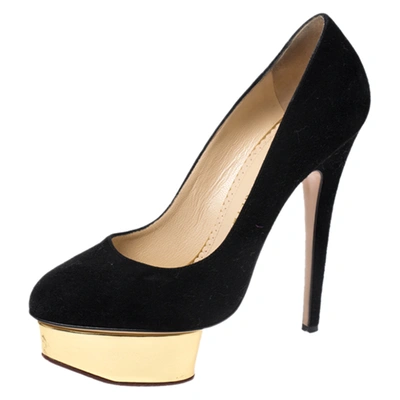 Pre-owned Charlotte Olympia Black Suede Dolly Platform Pumps Size 37.5