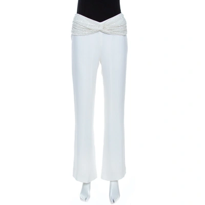 Pre-owned Valentino Off White Crepe Sequined Waist Band Detail Pants M