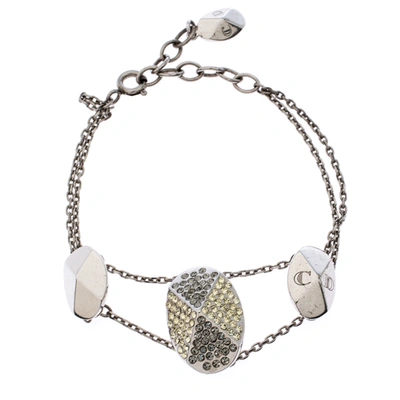 Pre-owned Dior Crystal Silver Tone Chain Link Station Bracelet