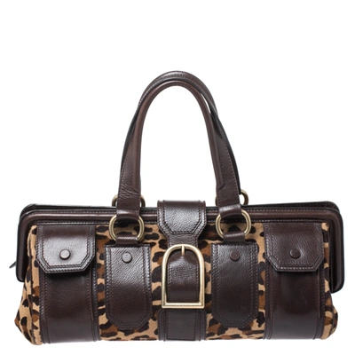 Pre-owned Celine Brown/beige Leopard Print Calfhair And Leather Satchel