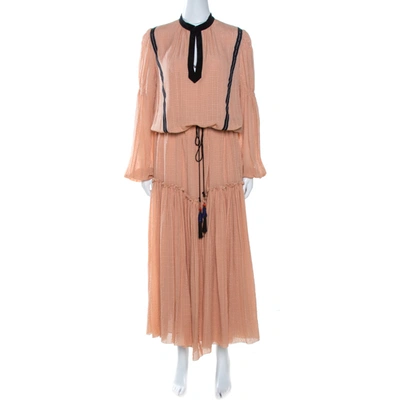 Pre-owned Etro Peach Textured Silk Waist Tie Detail Maxi Dress M In Pink