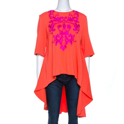 Pre-owned Oscar De La Renta Orange Crepe Floral Applique Detail Tunic Xl