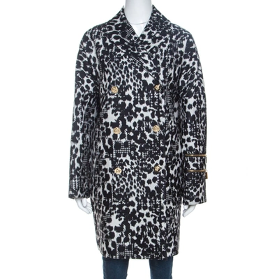 Pre-owned Versace Monochrome Jacquard Wool Double Breasted Coat M In Black