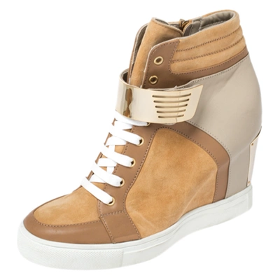 Pre-owned Le Silla Brown/grey Leather In Chipow High Top Wedge Sneakers Size 40 In Multicolor