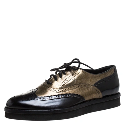 Pre-owned Tod's Black/gold Brogue Leather Lace Up Oxford Size 39.5