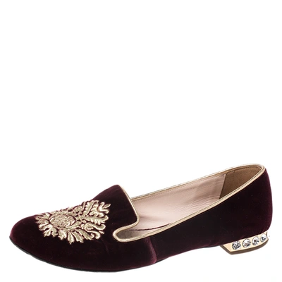 Pre-owned Miu Miu Burgundy Crest Embroidered Velvet Smoking Slippers Size 35.5