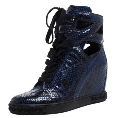 Pre-owned Casadei Blue/black Python Embossed Leather Wedge Cut Out Chain Motif Sneakers Size 39