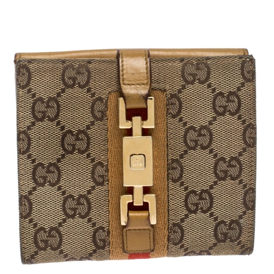 Pre-owned Gucci Tan/beige Gg Canvas And Leather Jackie Compact Wallet