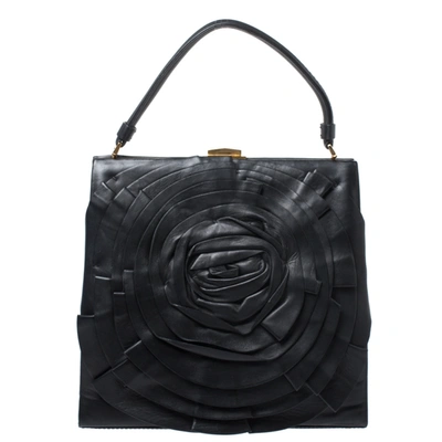 Pre-owned Valentino Garavani Black Leather Rose Kisslock Frame Top Handle Bag