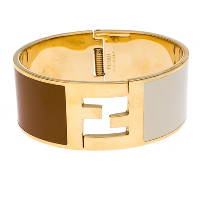 Pre-owned Fendi Sta Brown & Cream Enamel Gold Tone Wide Bracelet 15 Cm In Multicolor