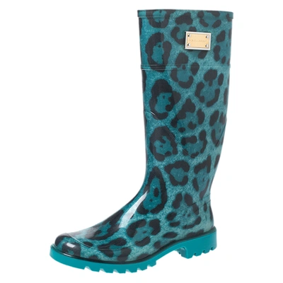 Pre-owned Dolce & Gabbana Teal/black Leopard Print Pvc Knee High Rain Boots Size 36 In Green