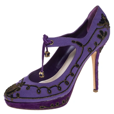 Pre-owned Dior Purple Embroidered Canvas Tie Platform Pumps Size 39