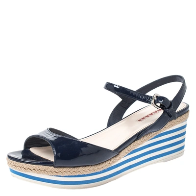 Pre-owned Prada Navy Blue Patent Leather Platform Stripe Wedge Ankle Strap Sandals Size 40