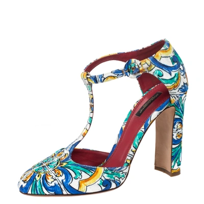 Pre-owned Dolce & Gabbana Multicolor Majolica Print Brocade Fabric Ankle Strap Pumps Size 40