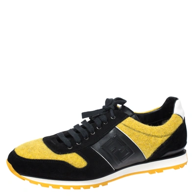 Pre-owned Fendi Black Leather/suede And Yellow Tweed Ff Logo Band Lace Up Sneakers Size 43.5