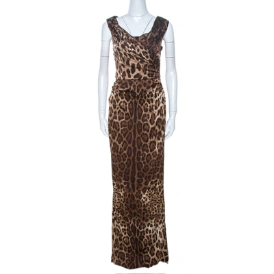Pre-owned Dolce & Gabbana Brown Leopard Print Silk Draped Maxi Dress M