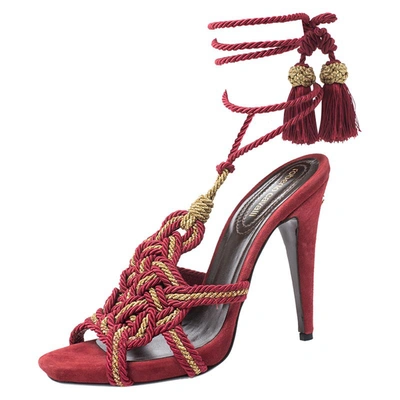 Pre-owned Roberto Cavalli Red Woven Fabric Gladiator Ankle Wrap Sandals Size 40