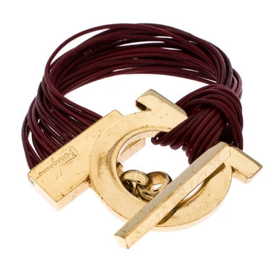 Pre-owned Ferragamo Burgundy Gancio Leather Multi Strand Toggle Bracelet