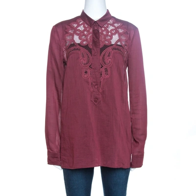Pre-owned Gucci Burgundy Cotton Lace Trim Long Sleeve Blouse M