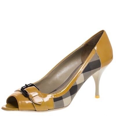 Pre-owned Burberry Mustard/beige House Check Pvc And Patent Leather Buckle Peep Toe Pumps Size 40 In Yellow