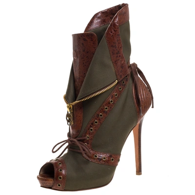 Pre-owned Alexander Mcqueen Khaki Green/brown Canvas And Leather Faithful Peep Toe Boots Size 39