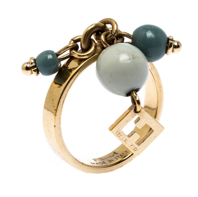 Pre-owned Fendi Green Beads Gold Tone Charm Ring Size 56