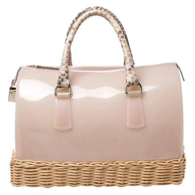 Pre-owned Furla Pink/beige Glossy Rubber And Rattan Candy Satchel Bag