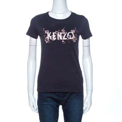 Pre-owned Kenzo Navy Blue Floral Logo Print Short Sleeve T-shirt Xs