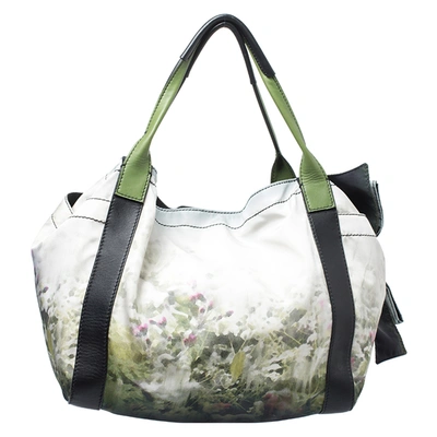 Pre-owned Valentino Garavani Green/black Printed Nylon And Leather Double Pocket Bow Tote