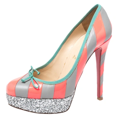 Pre-owned Christian Louboutin Fluorescent Pink/grey Striped Leather Foraine Glitter Platform Pumps Size 37.5