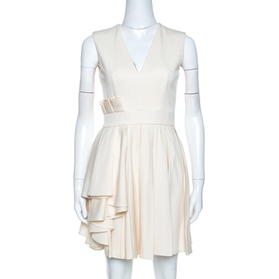 Pre-owned Alexander Mcqueen Cream Wool Pleat Detail Flared Mini Dress S