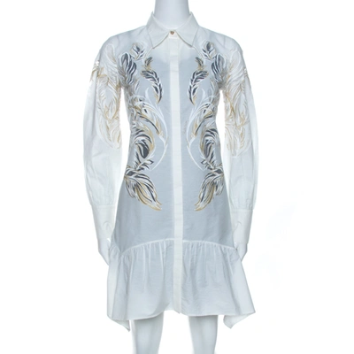 Pre-owned Roberto Cavalli White Brasso Feather Print Cotton Shirt Dress S