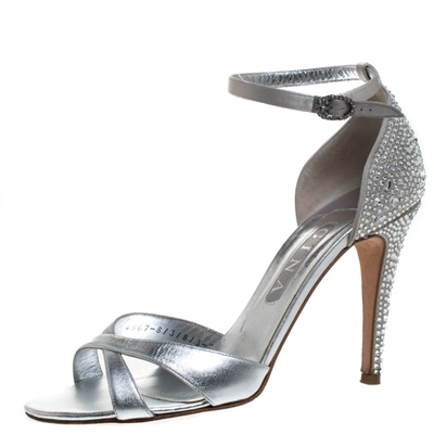 Pre-owned Gina Silver Leather And Satin Crystal Embellished Heel Ankle Strap Sandals Size 40