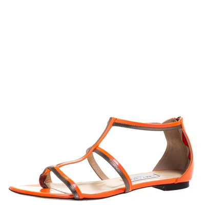 Pre-owned Jimmy Choo Neon Orange Patent Leather Tabitha Caged T Strappy Flat Sandals Size 40
