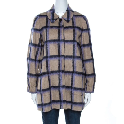 Pre-owned Ch Carolina Herrera Beige Alpaca Trim Windowpane Check Coat Xs