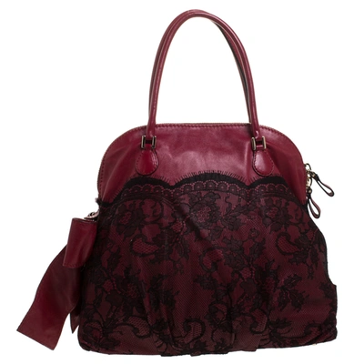 Pre-owned Valentino Garavani Red Lace Effect And Leather Bow Dome Satchel