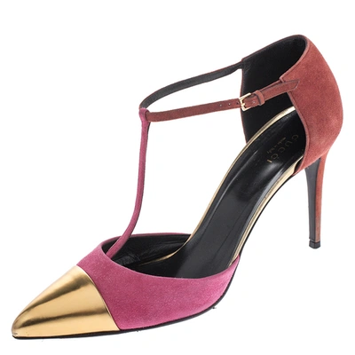 Pre-owned Gucci Tri Color Suede And Leather Cap Toe Coline T-strap Pumps Size 41 In Pink