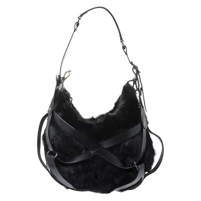Pre-owned Lanvin Black Fox Fur And Leather Strappy Hobo