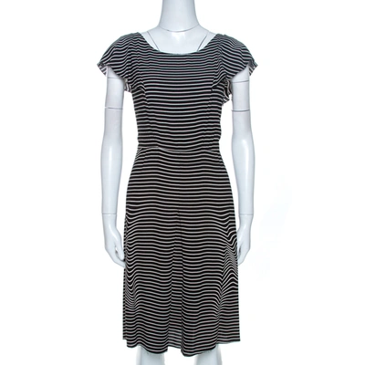 Pre-owned Prada Black And White Crepe Illusion Stripe Butterfly Sleeve Dress M