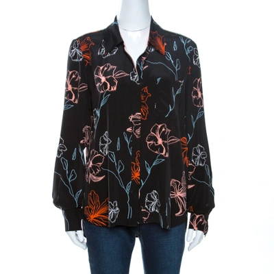 Pre-owned Diane Von Furstenberg Black Floral Printed Silk Shirt L