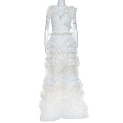 Pre-owned Dolce & Gabbana Off White Silk Feather Trim Ruffle Detail Gown L