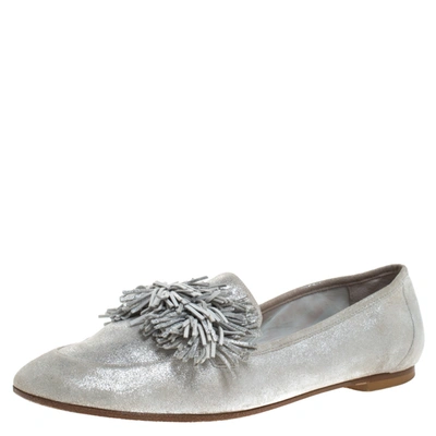 Pre-owned Aquazzura Silver Suede Fringe Detail Loafer Flats Size 38.5