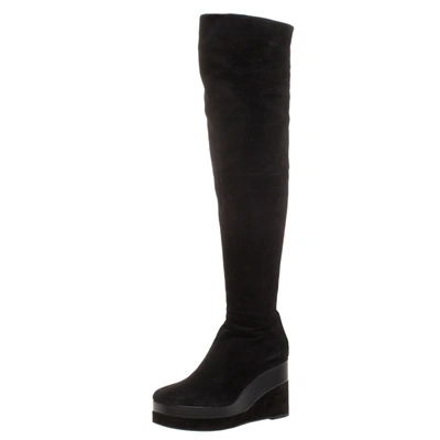 Pre-owned Hermes Black Suede And Leather Platform Wedge Over The Knee Boots Size 37