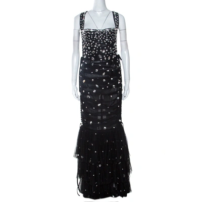 Pre-owned Dolce & Gabbana Black Embellished Mesh Ruffle Detail Tiered Dress L