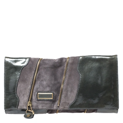 Pre-owned Jimmy Choo Grey Patent Leather And Suede Flap Clutch