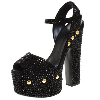 Pre-owned Giuseppe Zanotti Black Crystal Embellished Suede Platform Ankle Strap Sandals Size 40